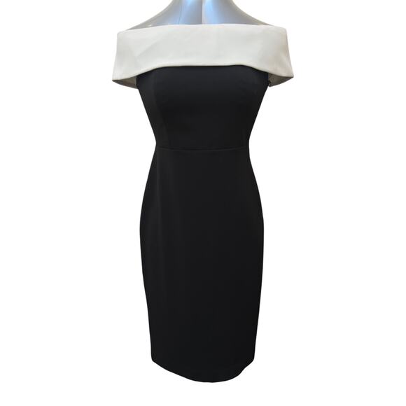NWT Calvin Klein Fold Over Off The Shoulder Sheath Dress Women's 4 Black White - Picture 1 of 6